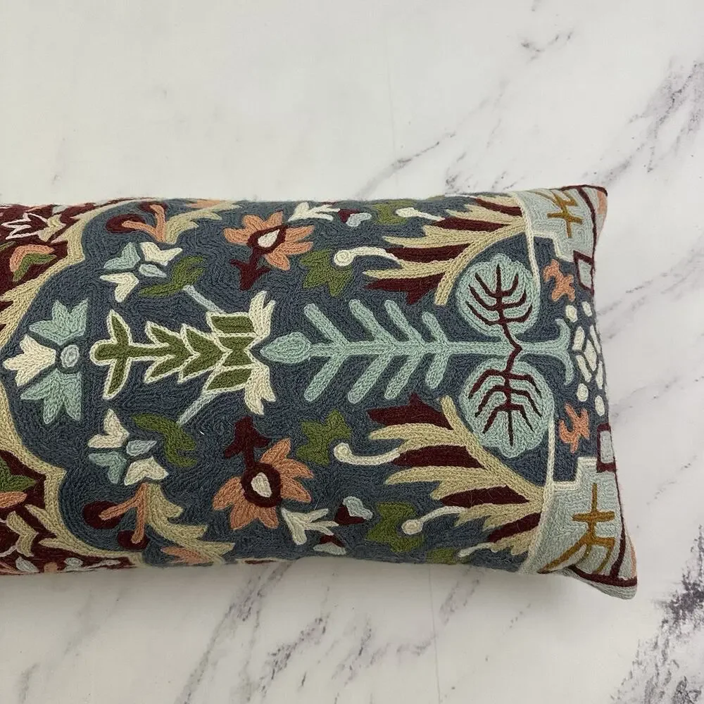 Anthropologie Embroidered Lumbar Decorative Pillow Pink Blue Boho Floral Long